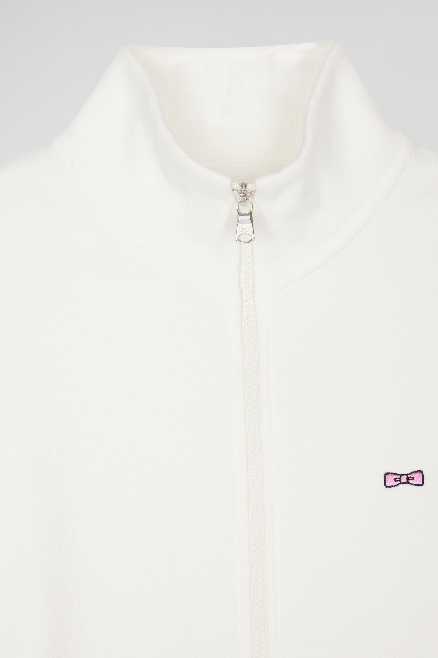 Regular ecru zipped brushed cotton fleece sweatshirt with high top collar