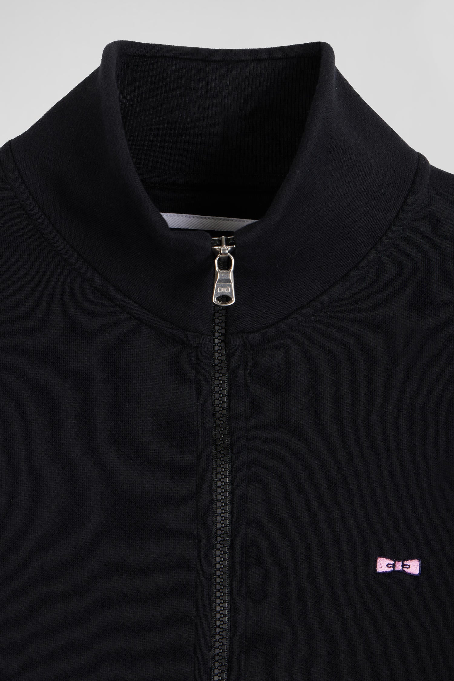 Regular black zipped brushed cotton fleece sweatshirt with high top collar