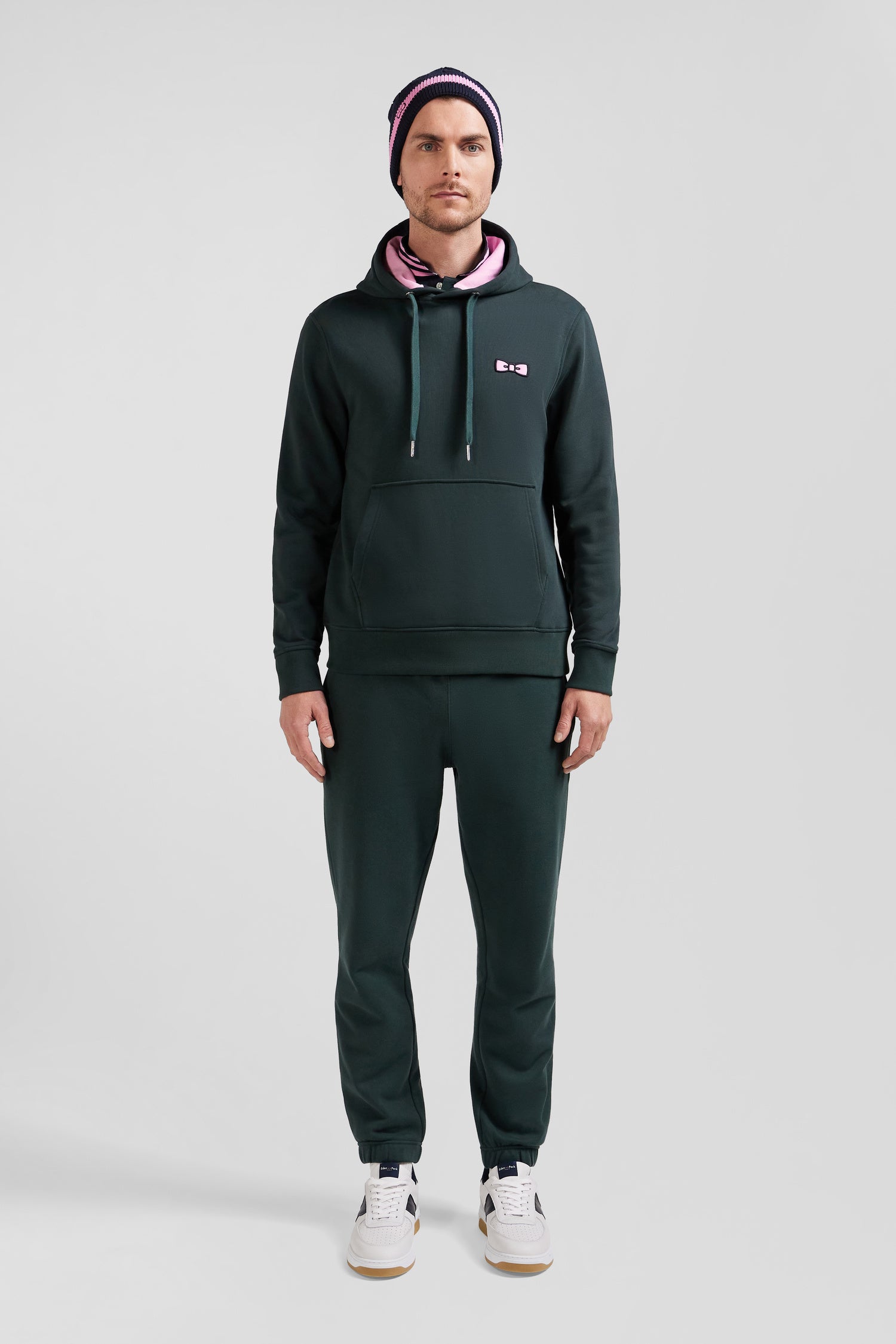 Regular green brushed cotton fleece hoodie with Eden Park embroidery