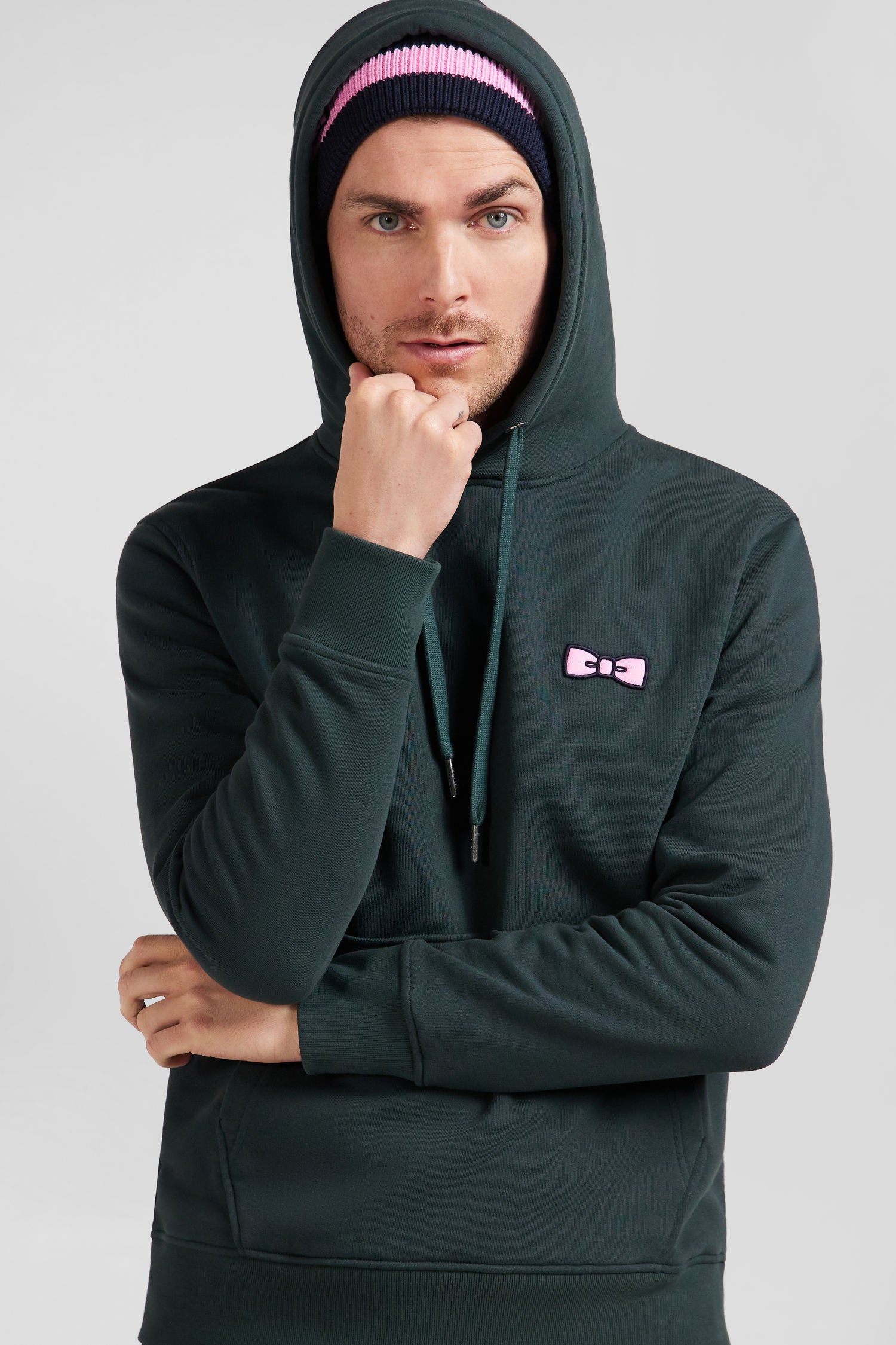 Regular green brushed cotton fleece hoodie with Eden Park embroidery