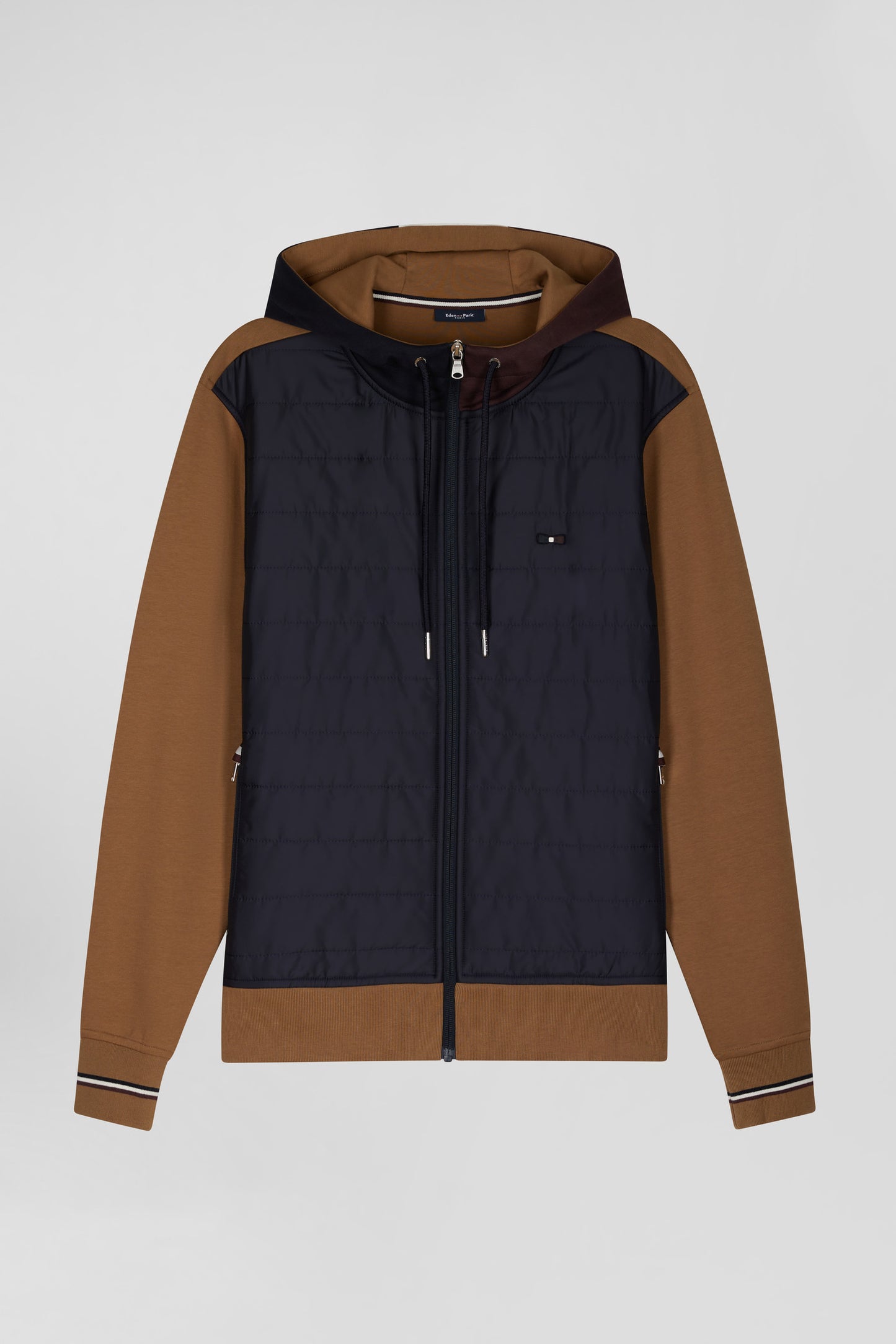 Two-material zip-up sweatshirt with quilted trim in hazelnut and navy Regular fit