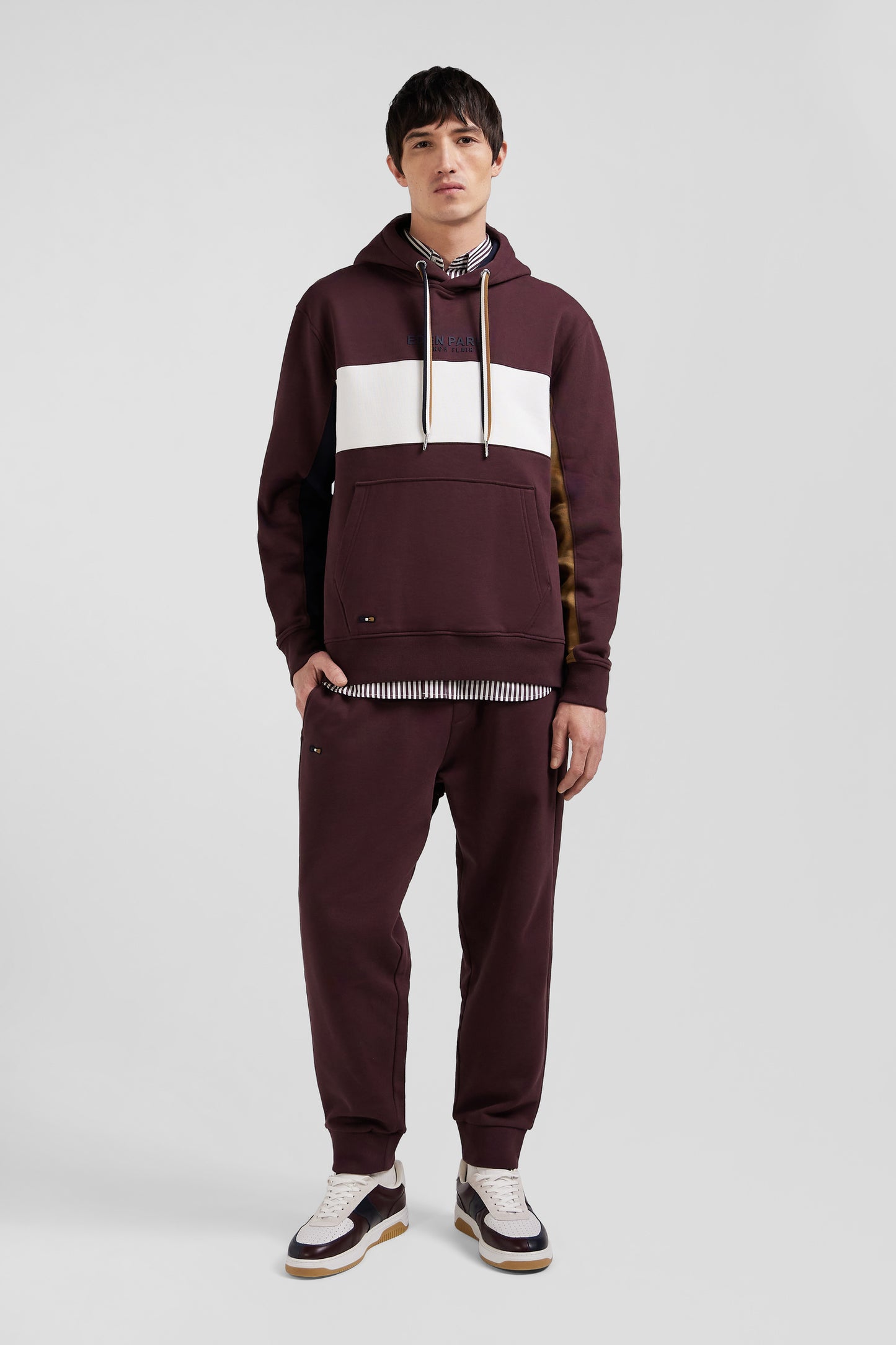 Relaxed burgundy colorblock cotton hoodie