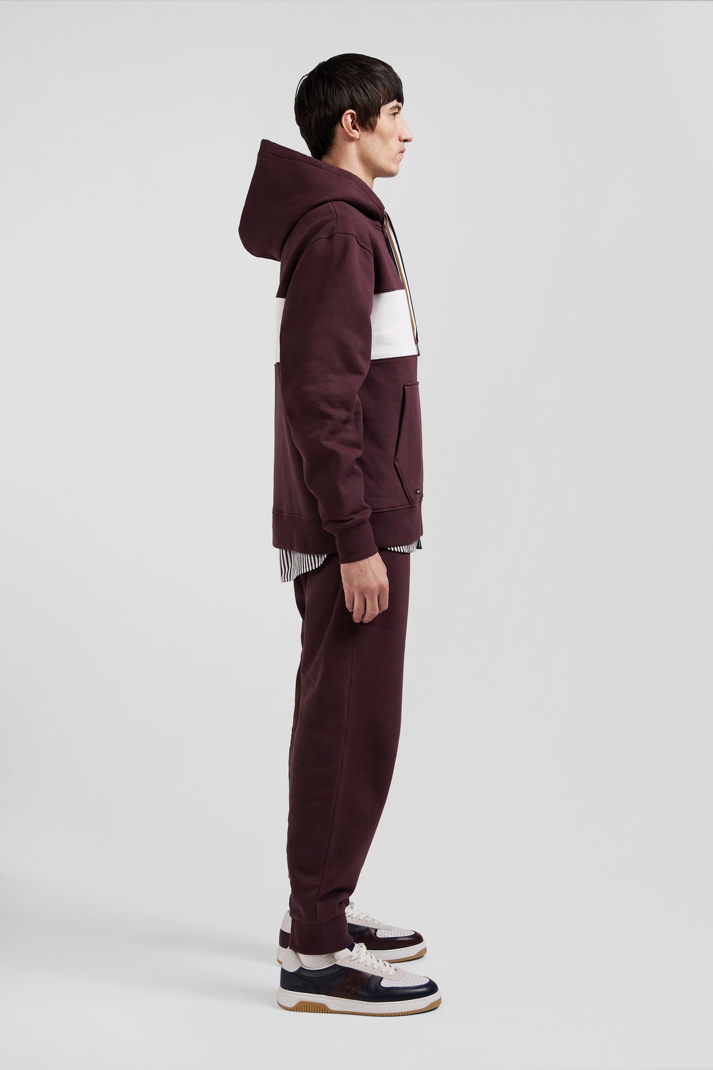 Relaxed burgundy colorblock cotton hoodie