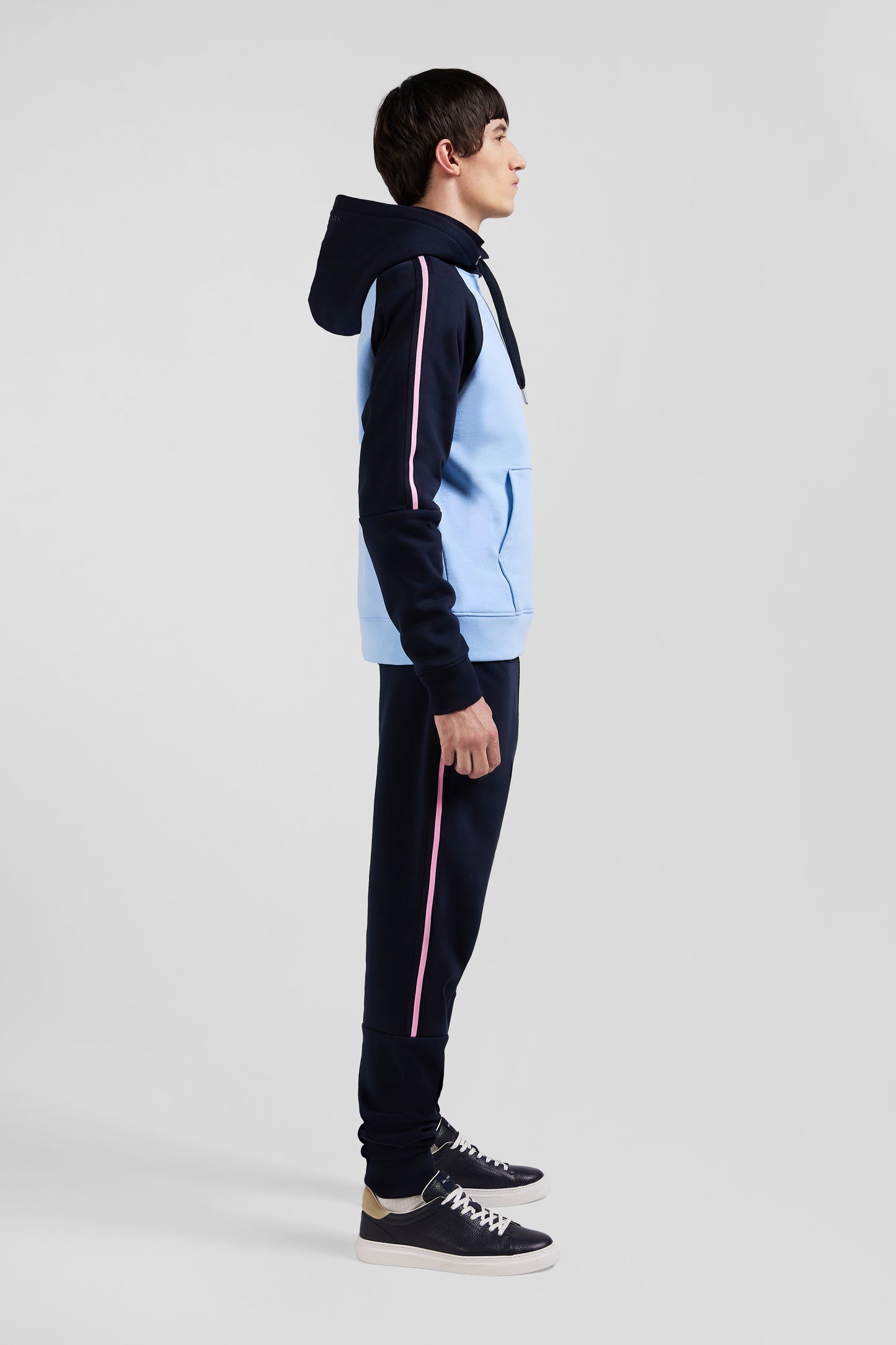 Relaxed navy and sky blue fleece hoodie with branded drawstrings