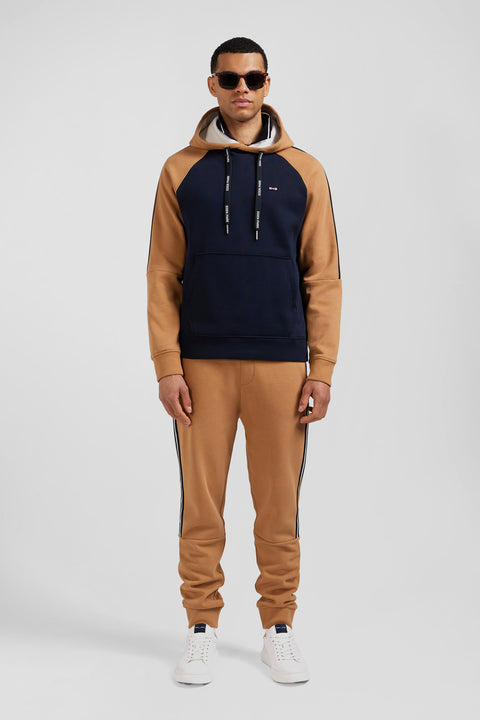 Relaxed navy blue and camel fleece hoodie with branded drawstrings - Image 1