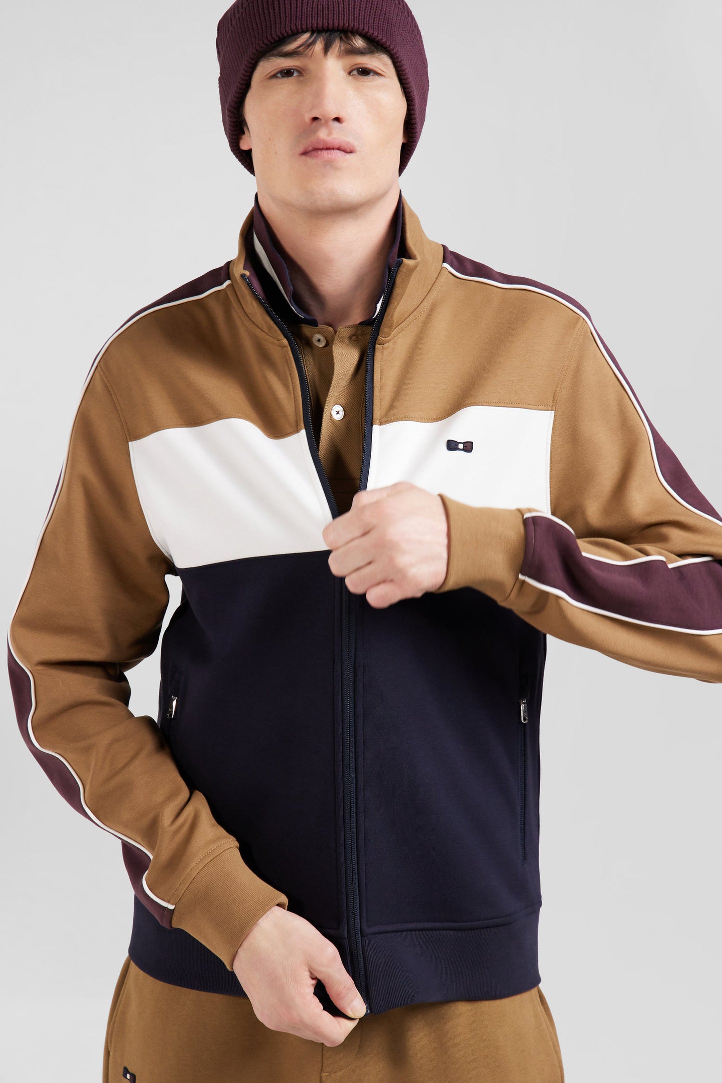 Colorblock zip-up sweatshirt in hazelnut cotton blend, regular fit