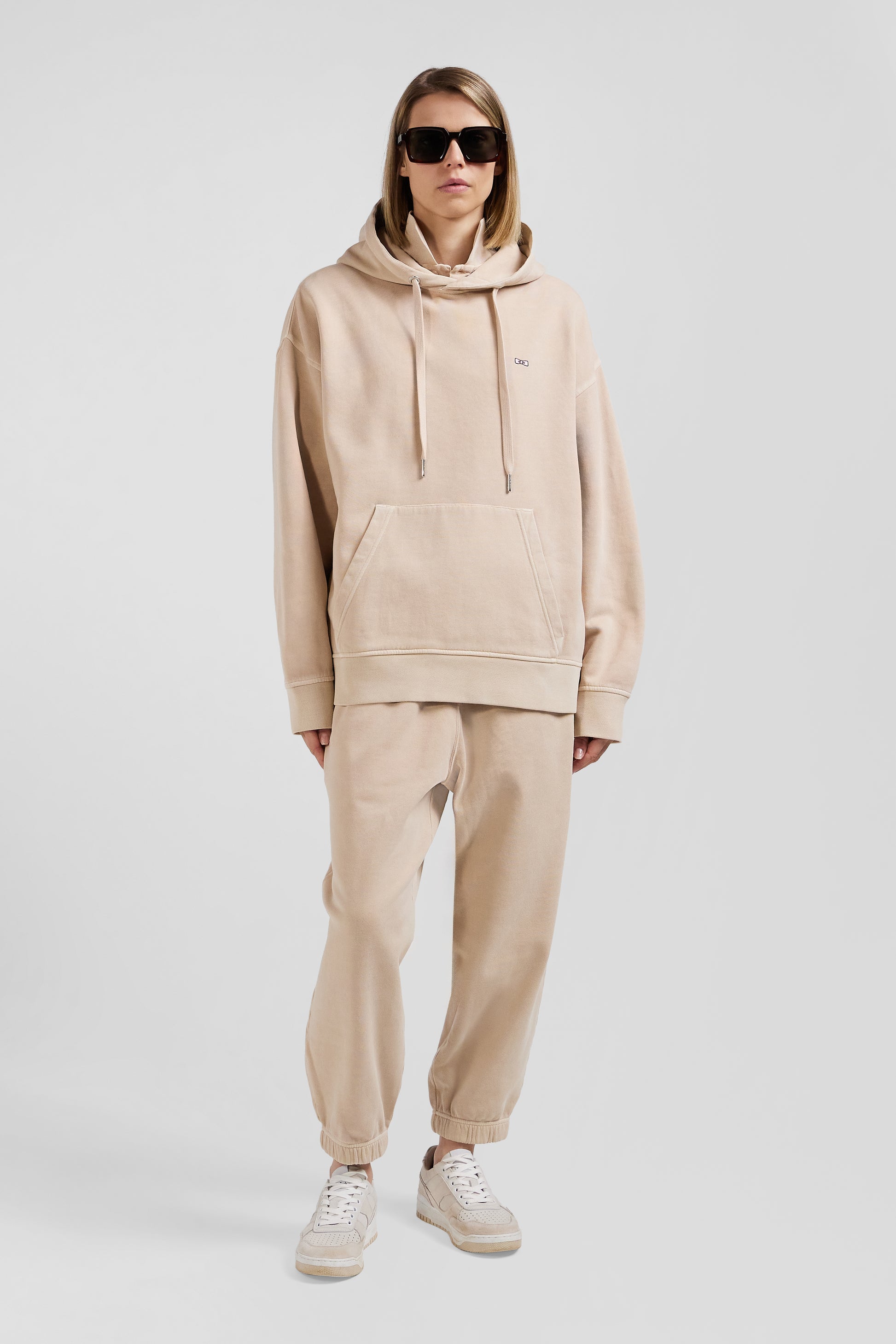 Oversize beige unisex dyed cotton fleece hoodie