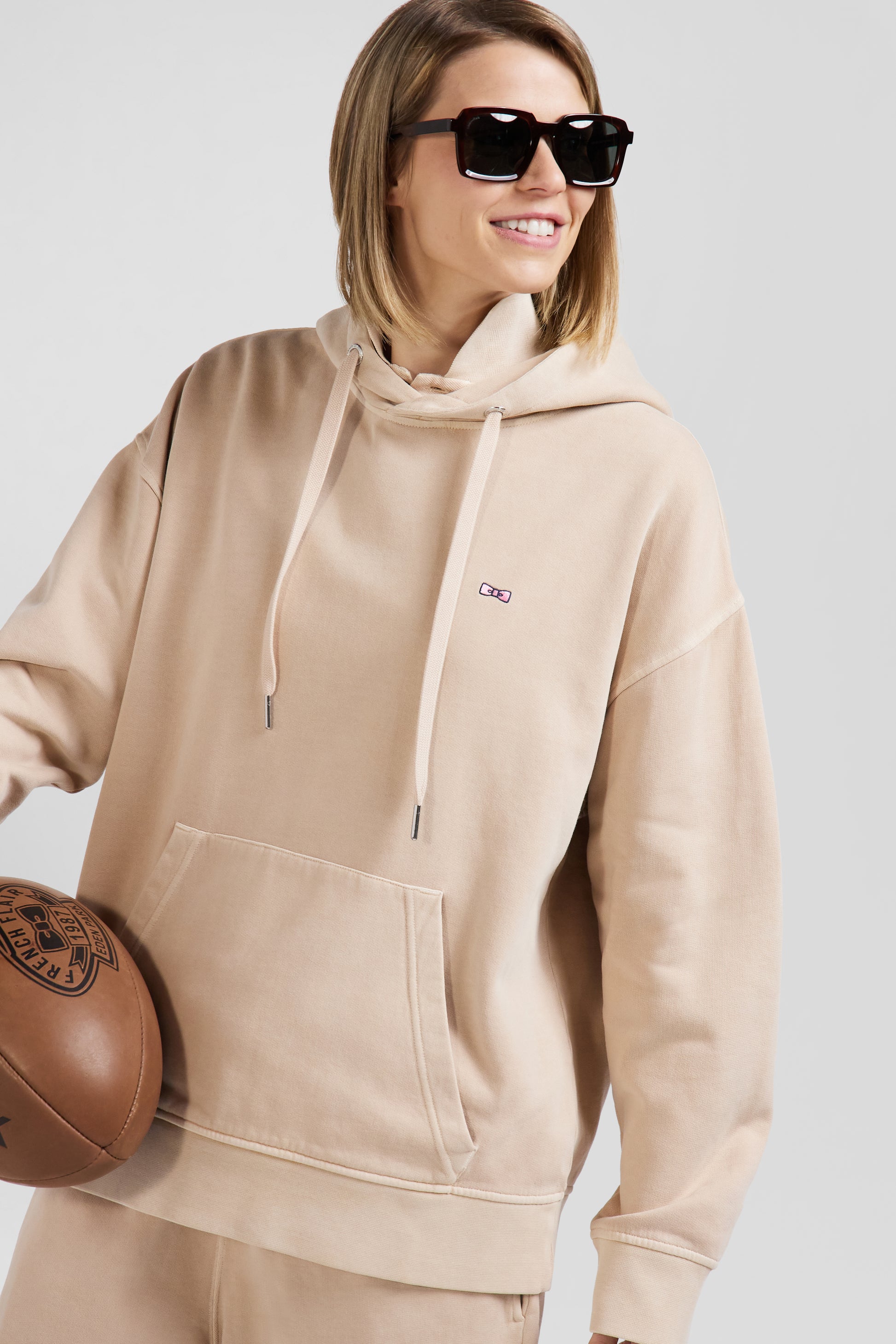 Oversize beige unisex dyed cotton fleece hoodie