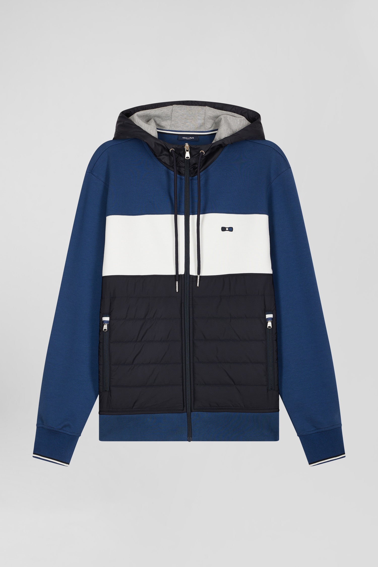 Regular dark blue cotton blend hoodie with padded front