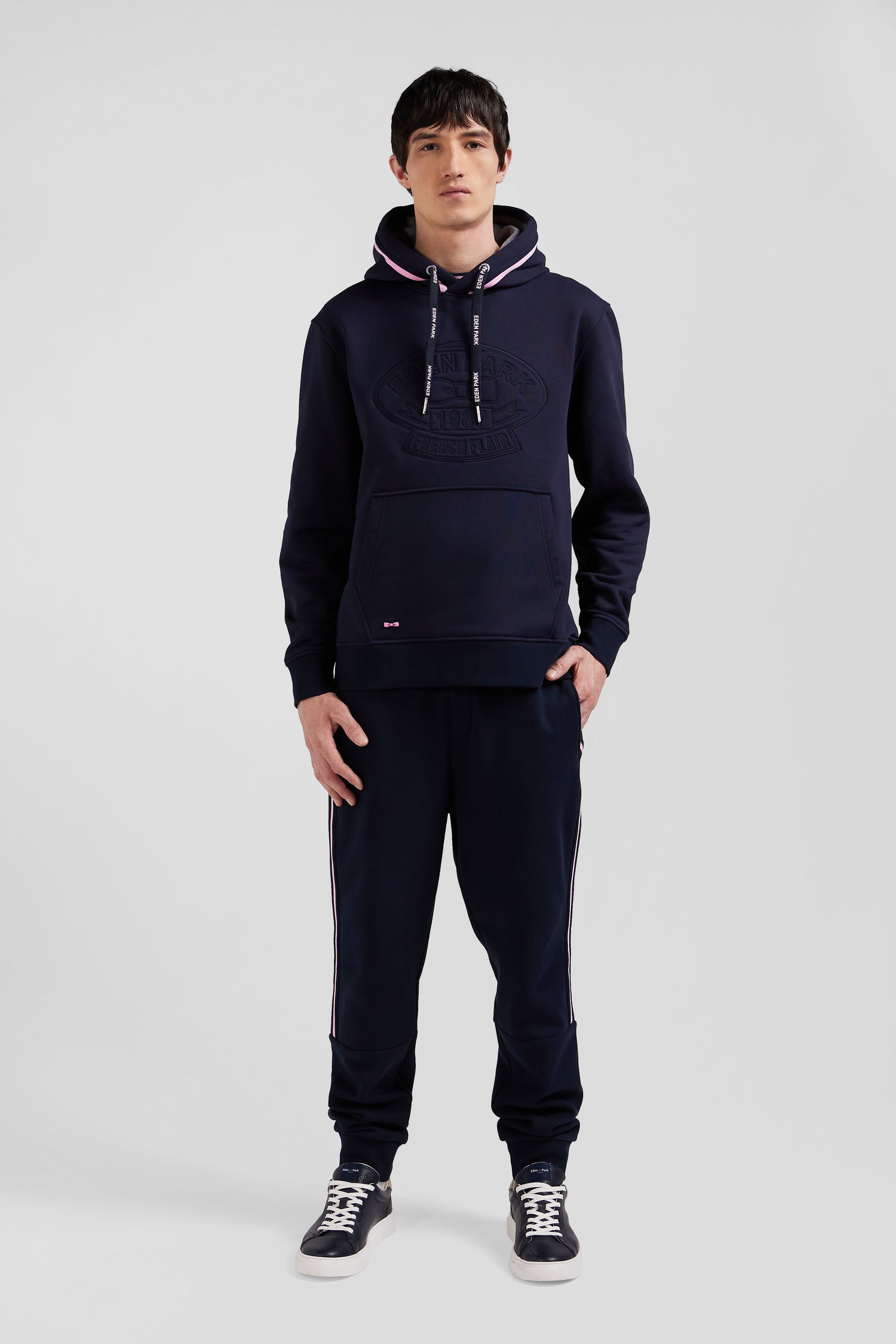 Relaxed navy blue cotton blend hoodie with padded embroidery