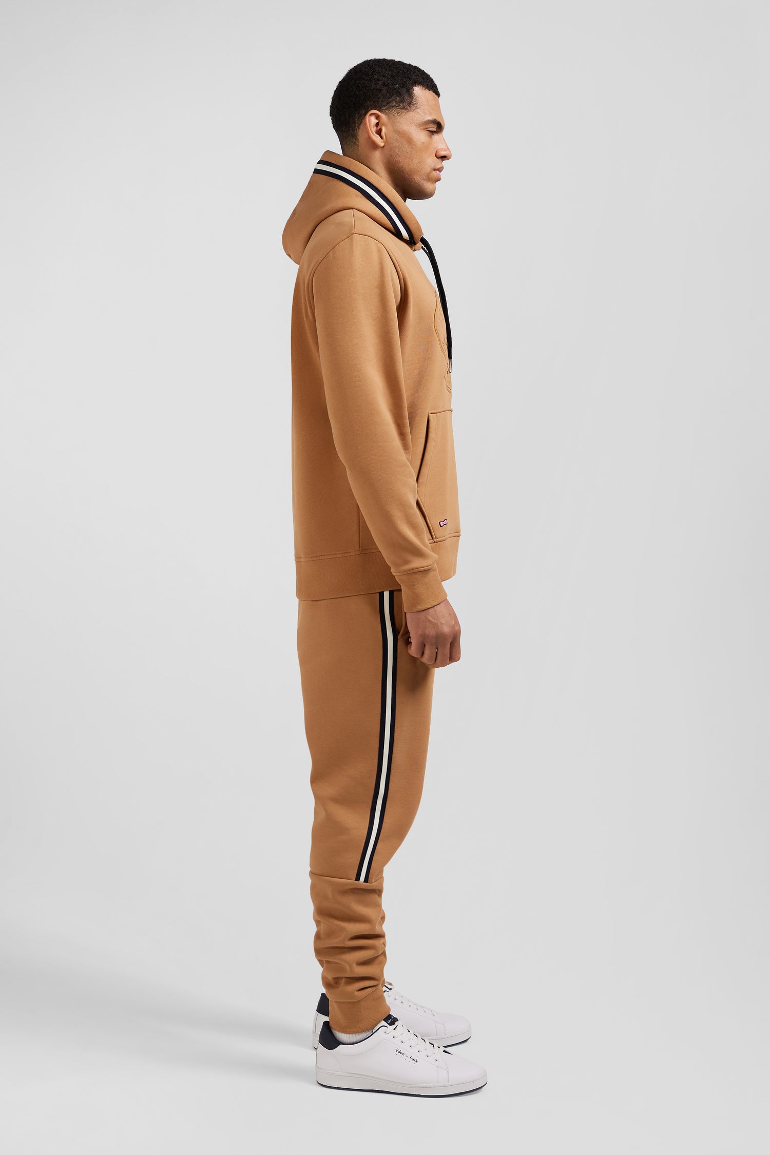 Relaxed camel cotton blend hoodie with padded embroidery