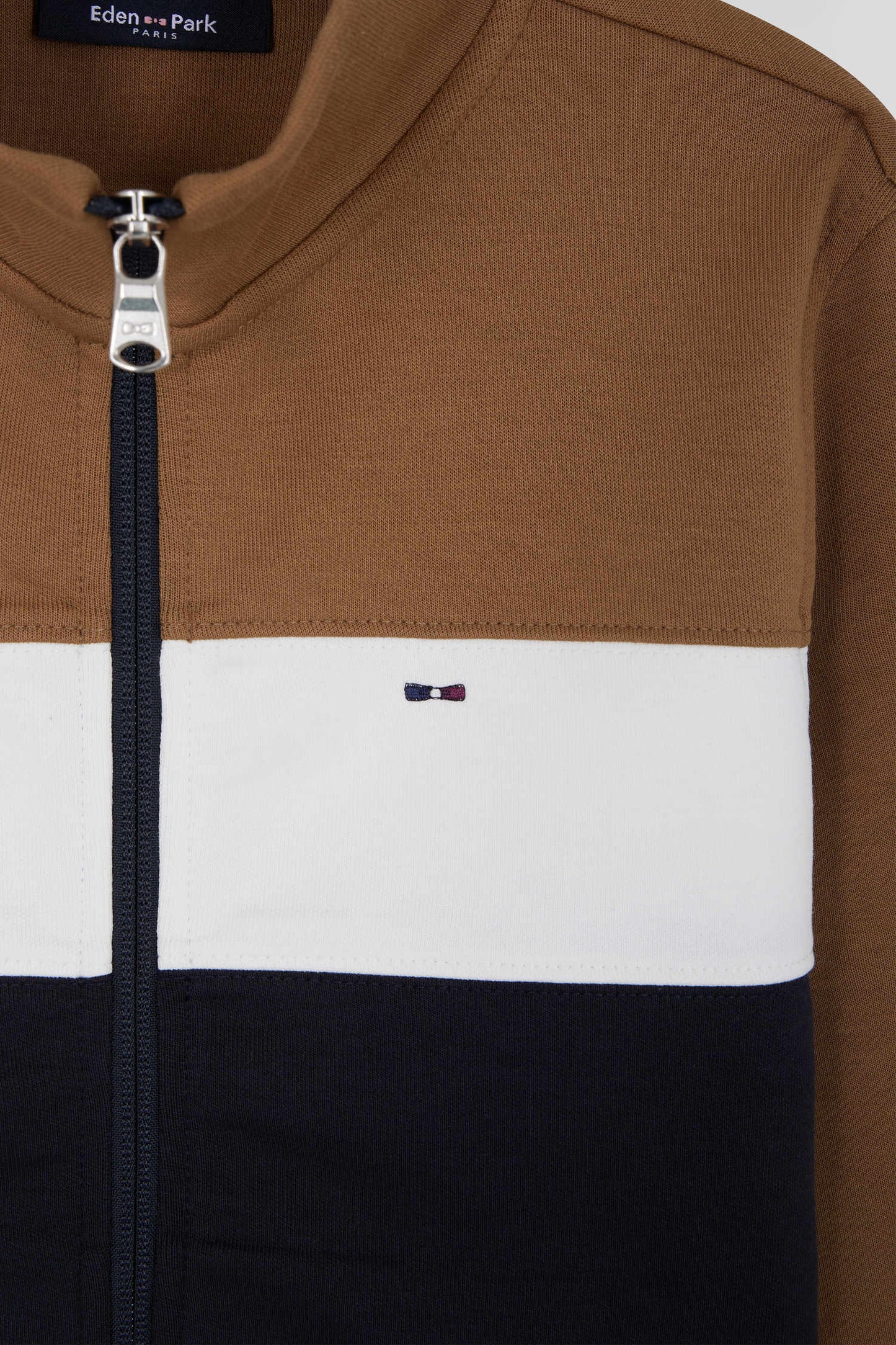 Sweatshirt zippé tricolore à col montant en coton mélangé camel coupe Regular