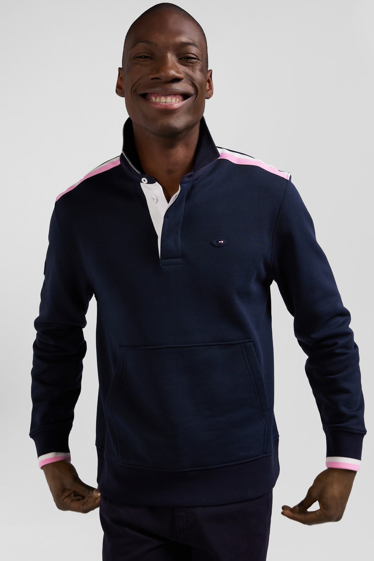 Regular navy blue XV de France cotton sweatshirt with rugby shirt collar