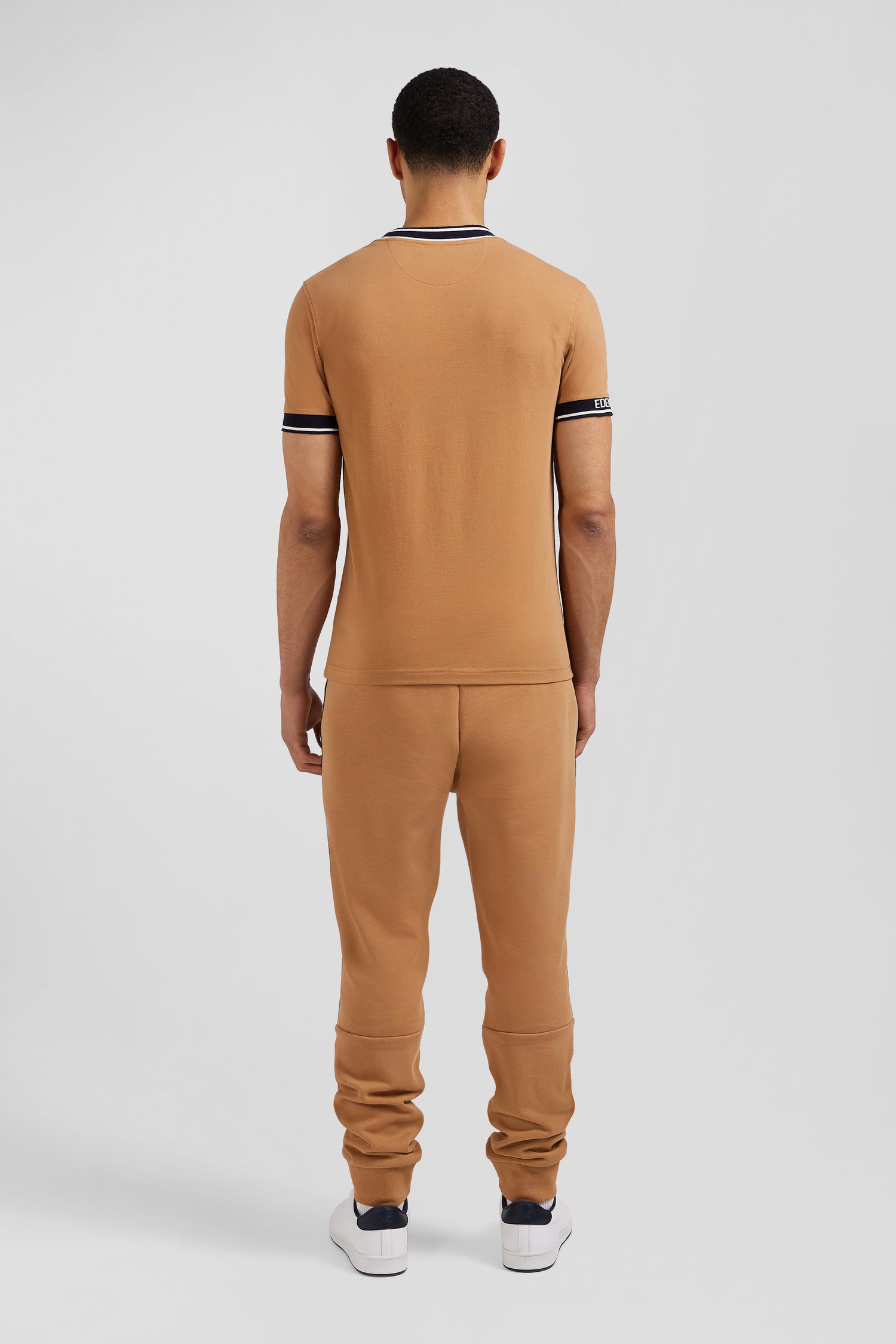 Slim camel short-sleeved cotton T-shirt with Eden Park ribs