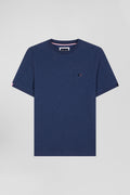 Regular blue short-sleeved cotton T-shirt with emblem embroidery