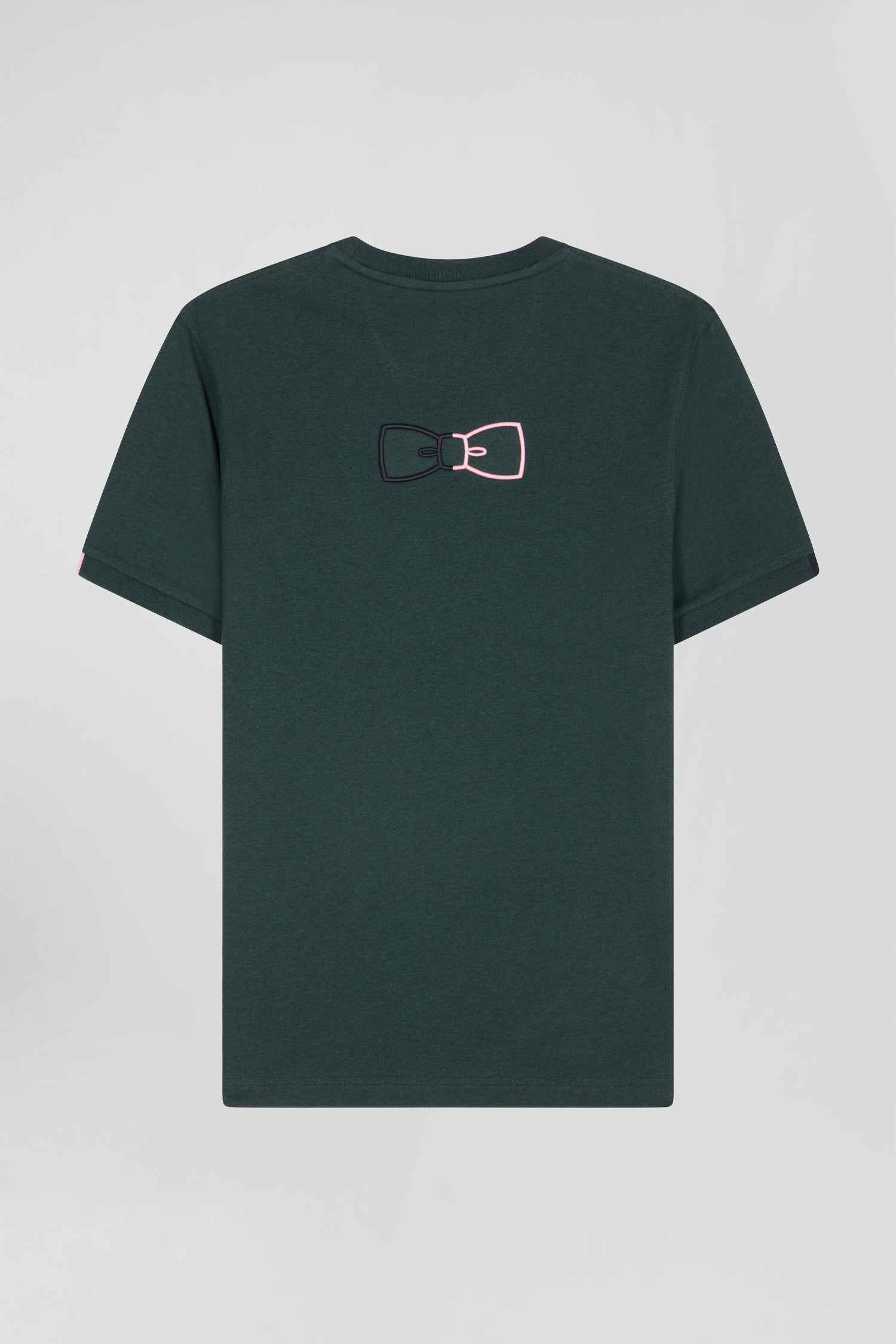 Regular green short-sleeved cotton T-shirt with emblem embroidery