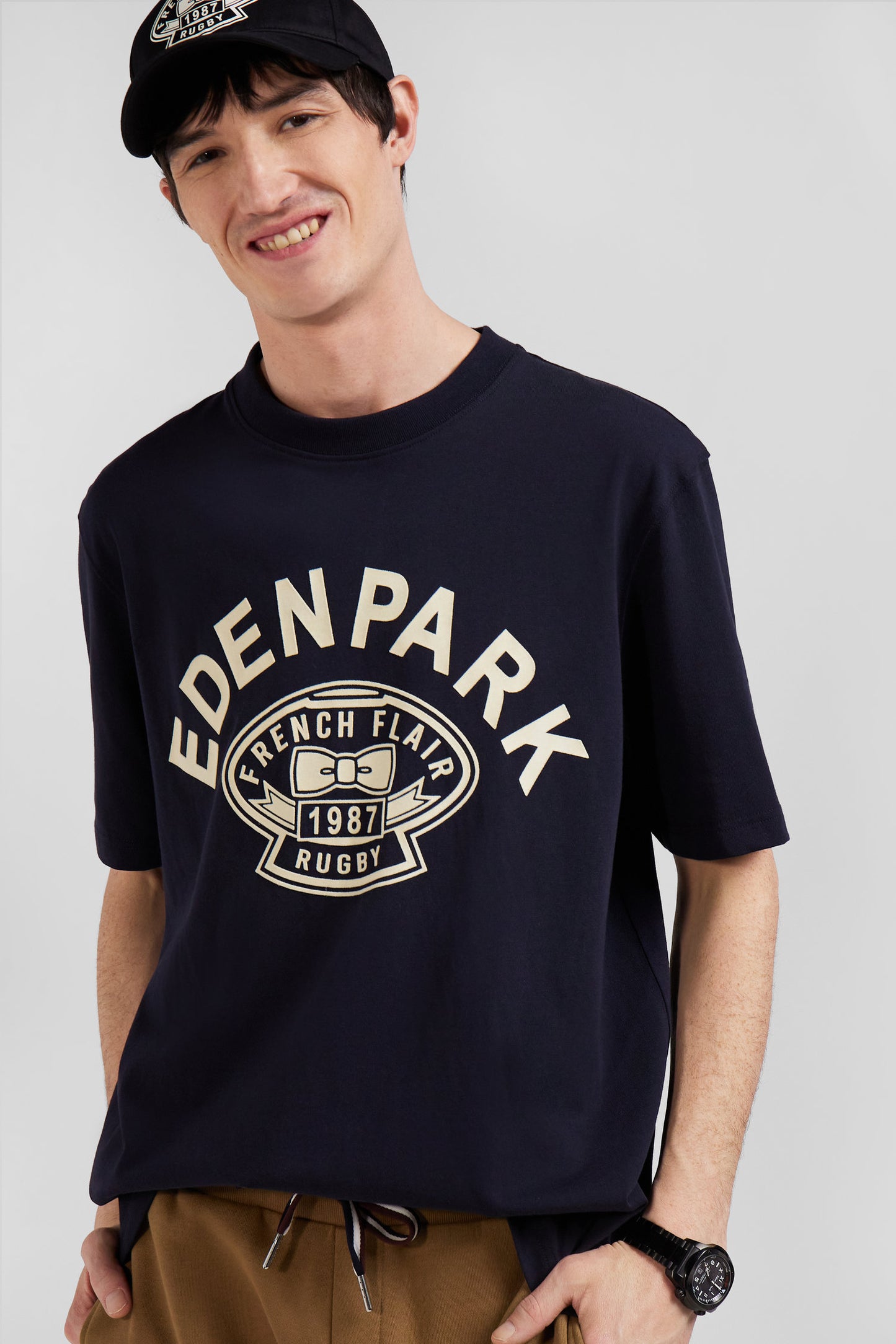 Oversize navy short-sleeved cotton T-shirt with Eden Park Rugby print