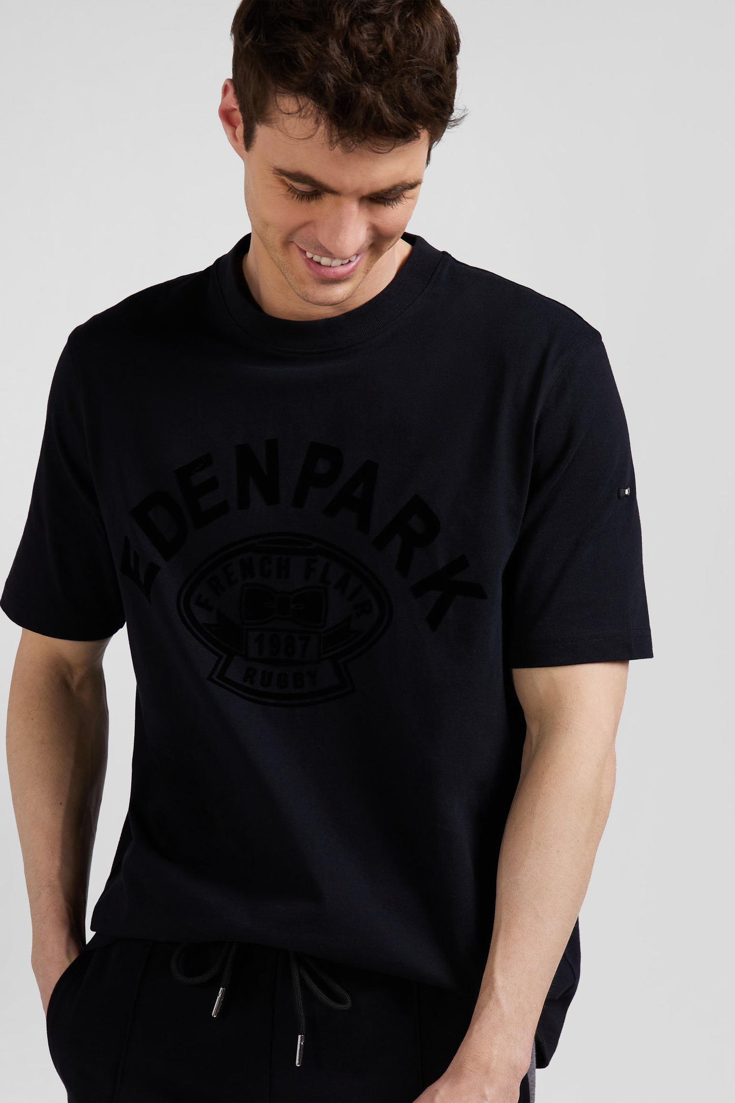 Oversize black short-sleeved cotton T-shirt with Eden Park Rugby print