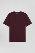 Regular burgundy short-sleeved cotton T-shirt with tie patchwork emblem