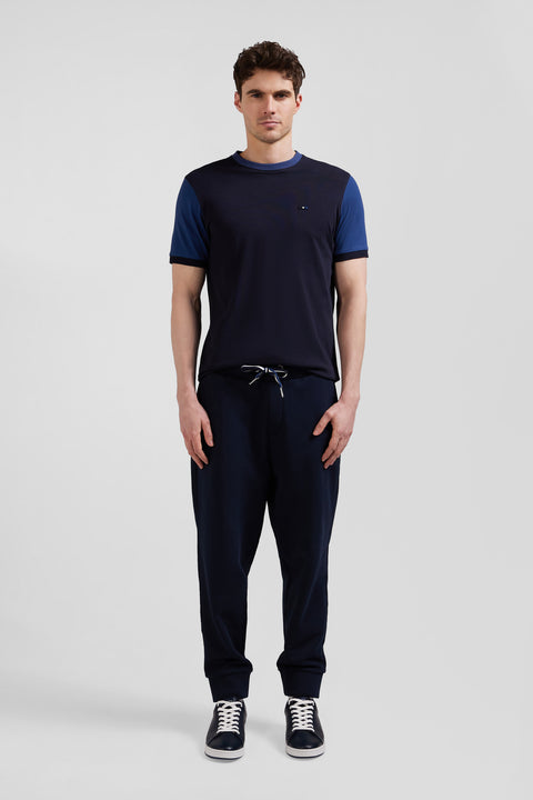 Regular navy blue cotton T-shirt with short contrasting sleeves - Image 1