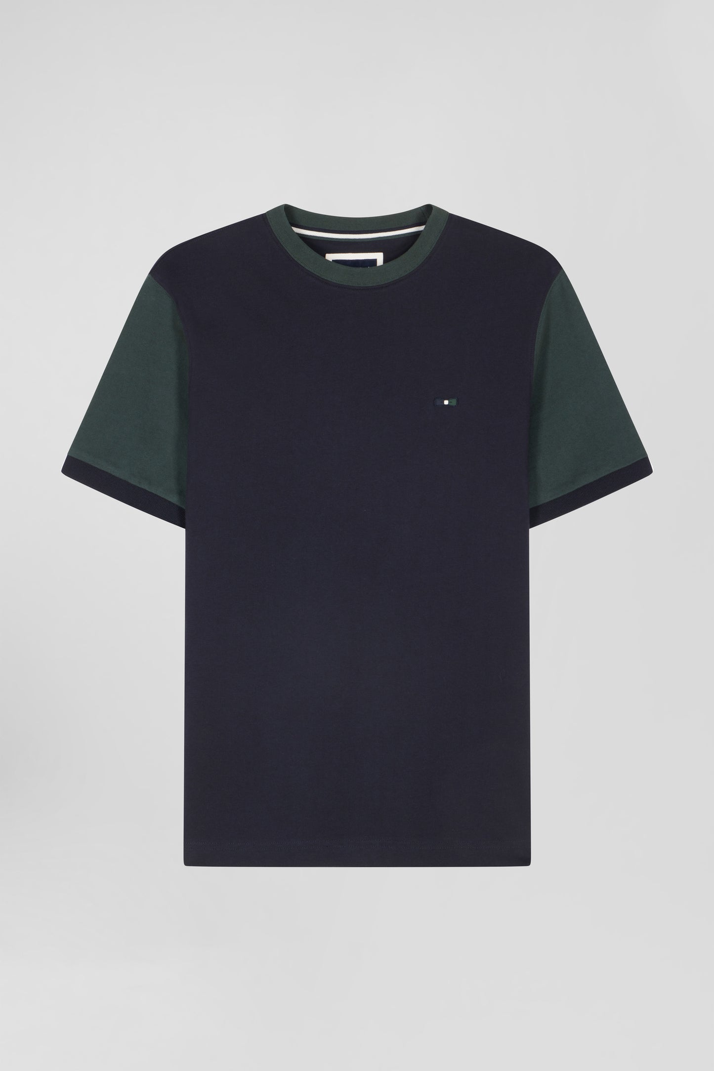 Regular green cotton T-shirt with short contrasting sleeves