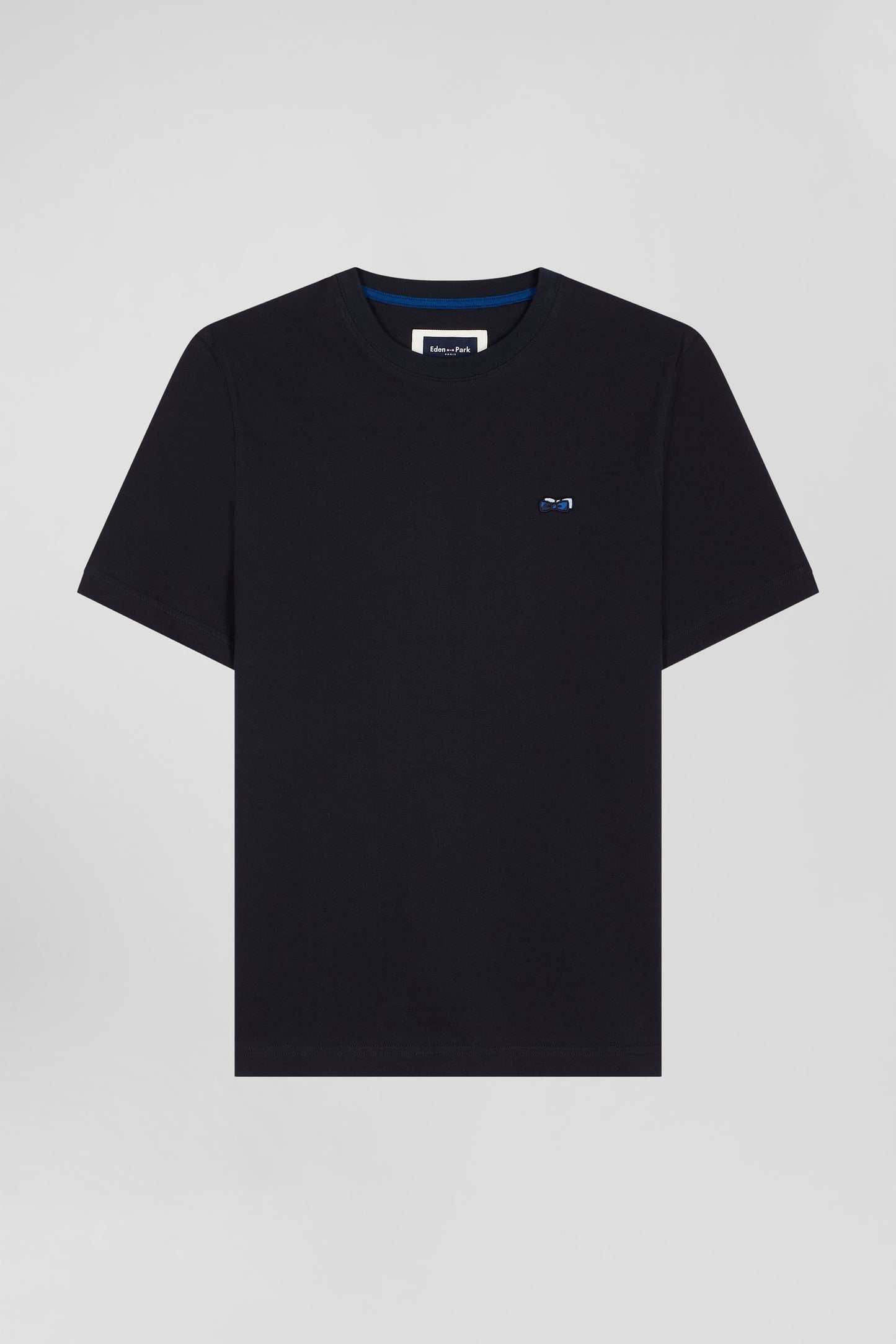 Regular navy blue short-sleeved cotton T-shirt with back embroidery