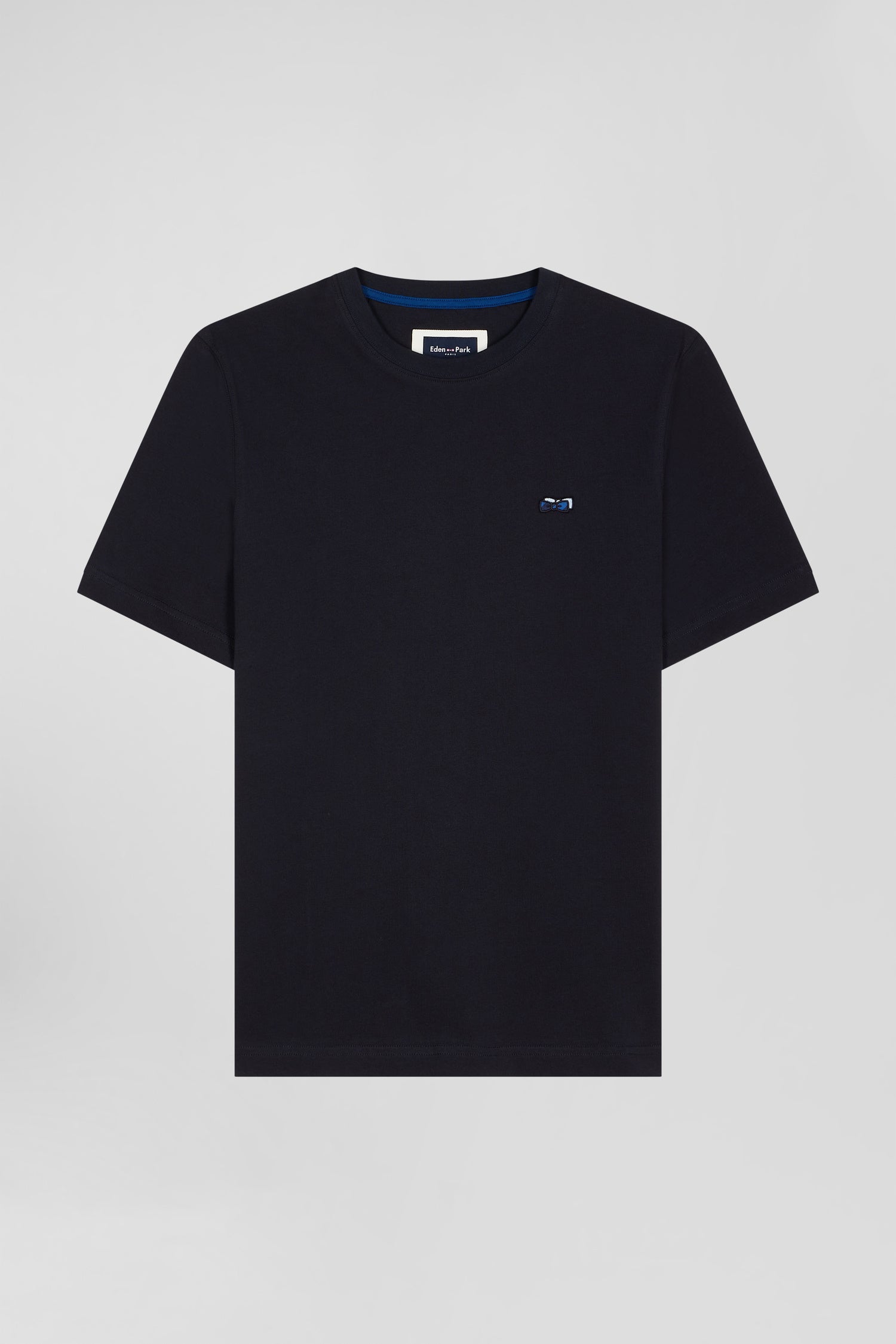 Regular navy blue short-sleeved cotton T-shirt with back embroidery