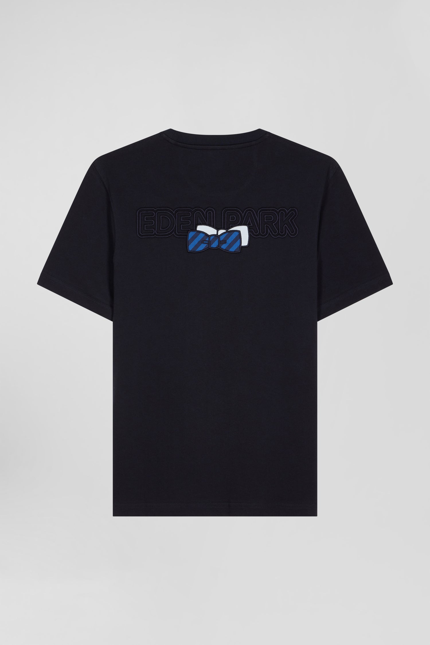 Regular navy blue short-sleeved cotton T-shirt with back embroidery