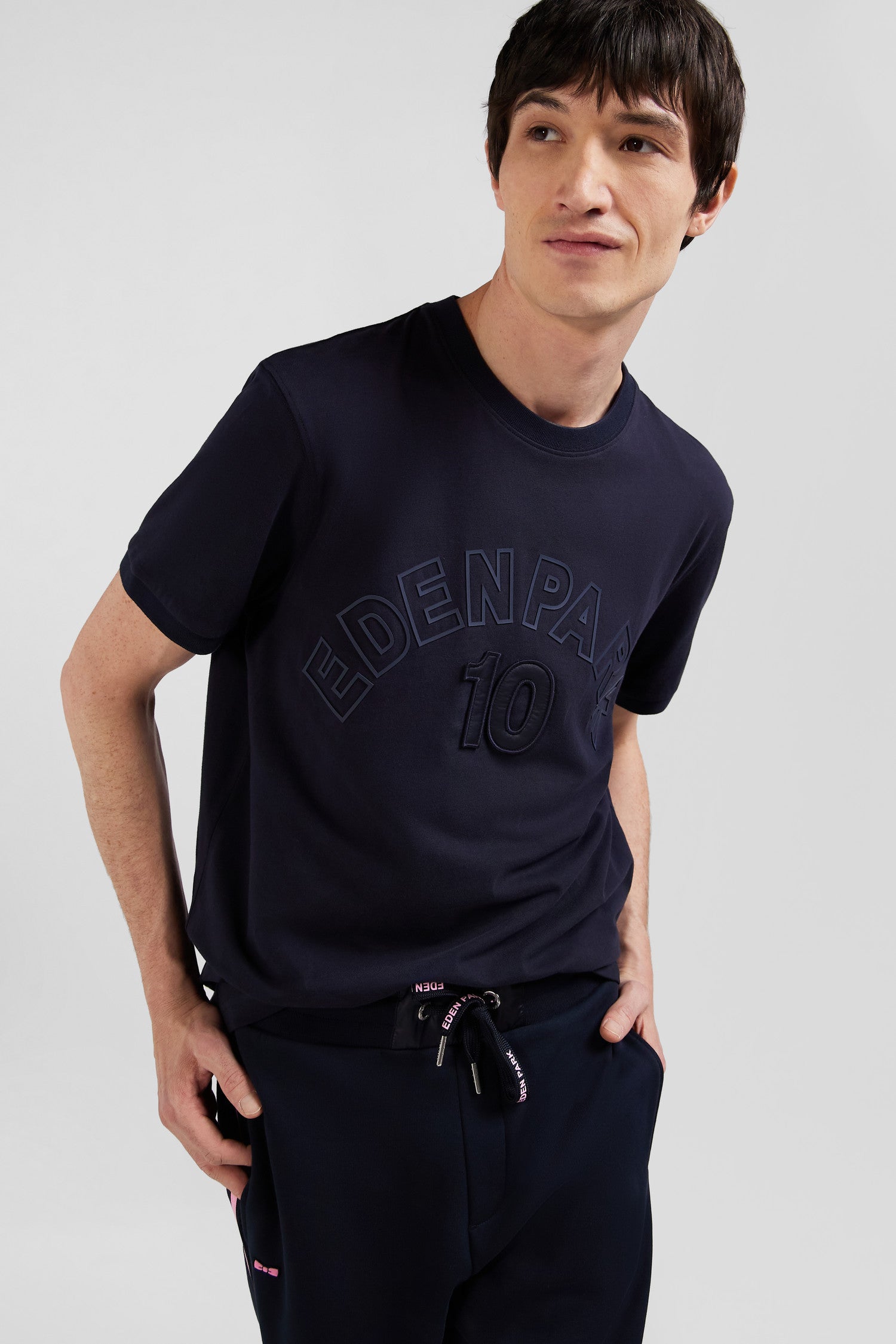 Relaxed navy and sky blue bicolor short-sleeved cotton T-shirt with Eden Park 10 print