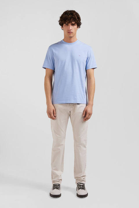 Regular sky blue short-sleeved cotton T-shirt with back patch - Image 1