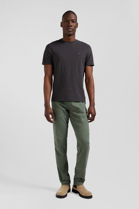 Regular khaki short-sleeved cotton T-shirt with back patch - Image 1