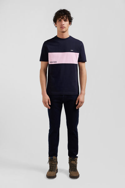 Regular navy and pink bicolor short-sleeved cotton T-shirt