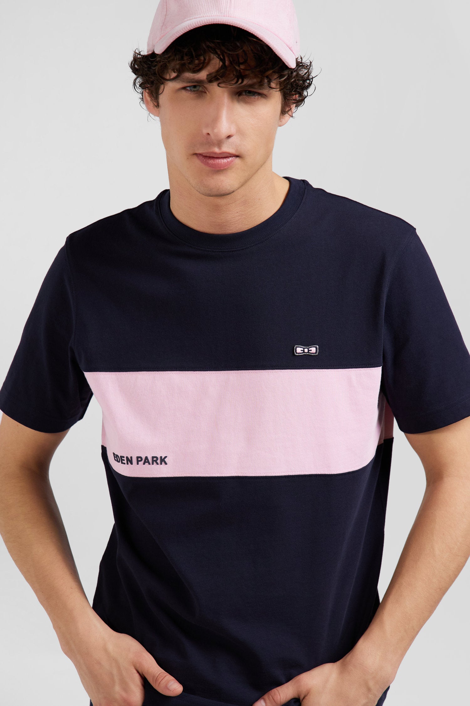 Regular navy and pink bicolor short-sleeved cotton T-shirt