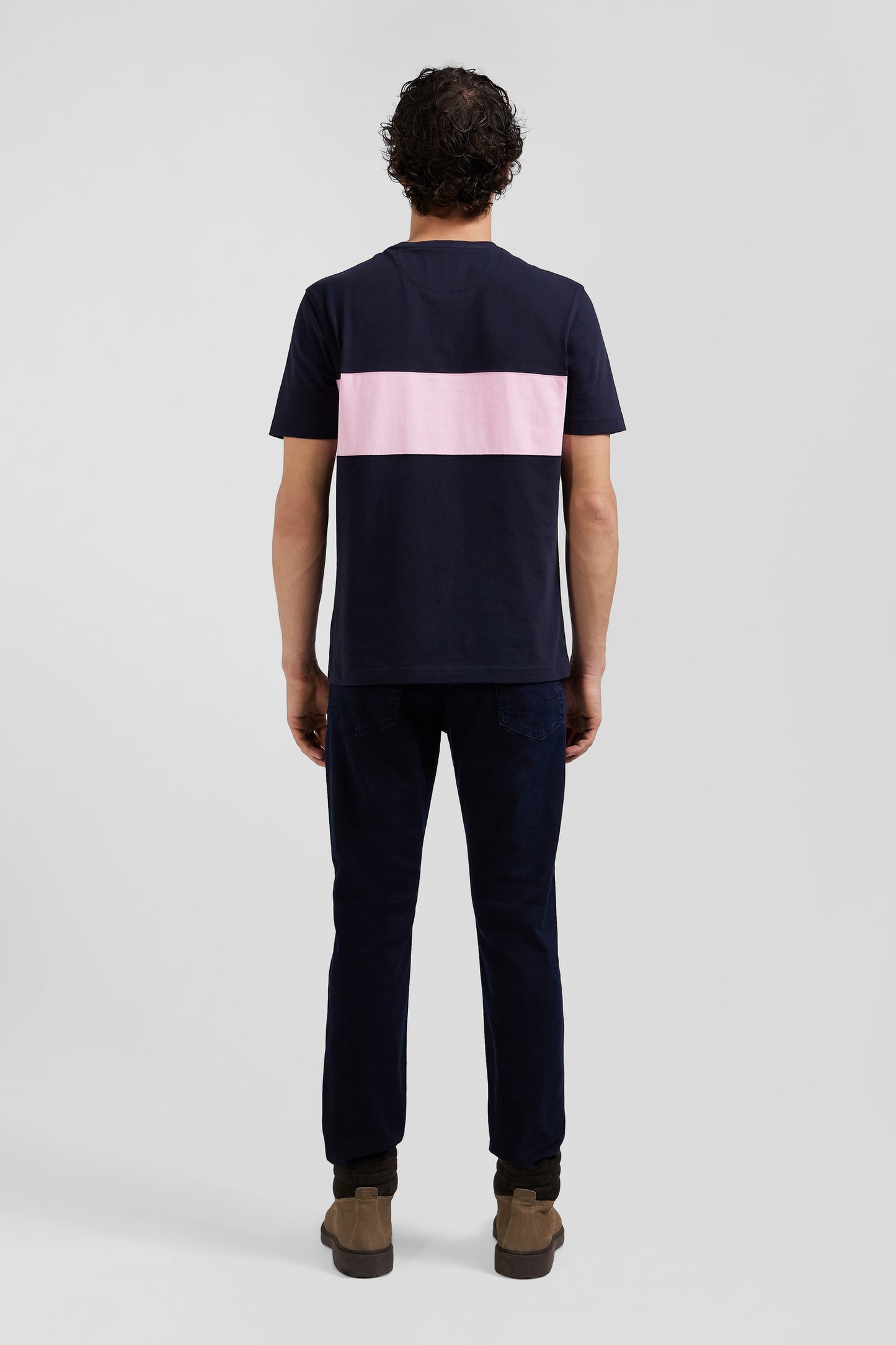 Regular navy and pink bicolor short-sleeved cotton T-shirt