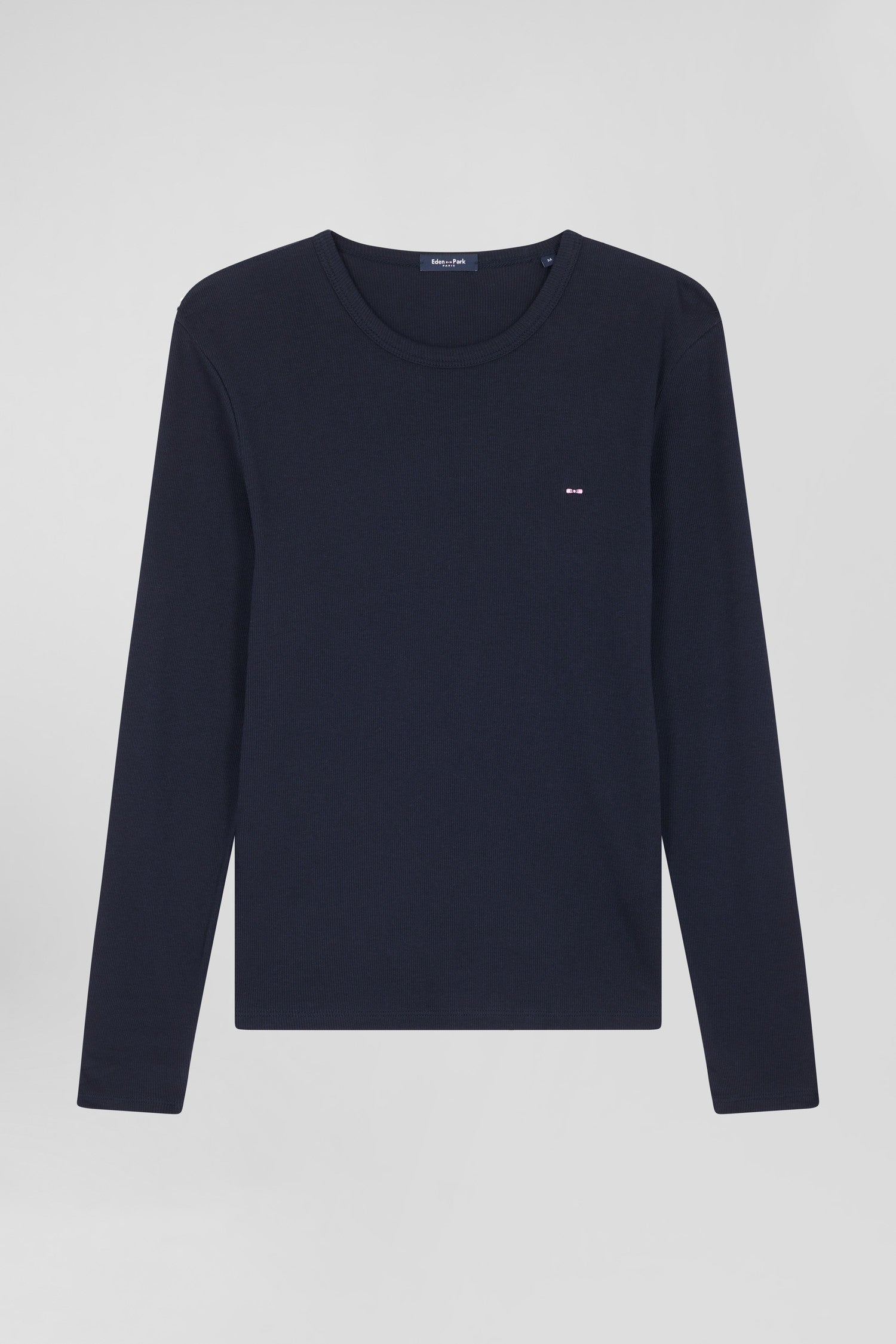 Slim navy blue long-sleeved round neck cotton T-shirt