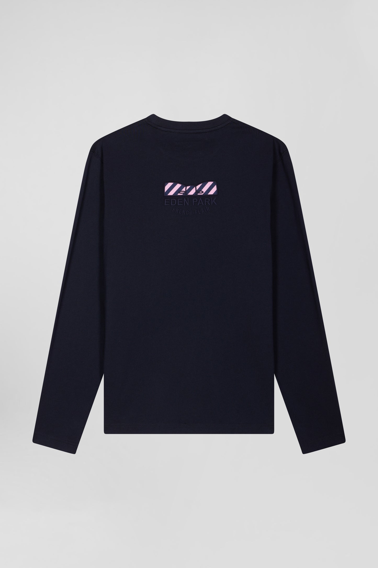 Regular navy blue long-sleeved cotton T-shirt with back embroidery