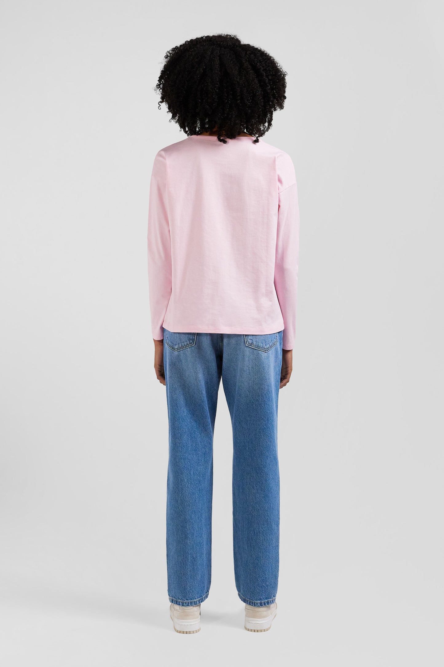 Relaxed pink long-sleeved round neck cotton T-shirt