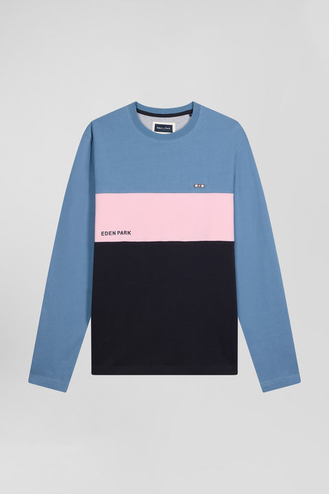 Regular blue colorblock long-sleeved cotton T-shirt - Image 2