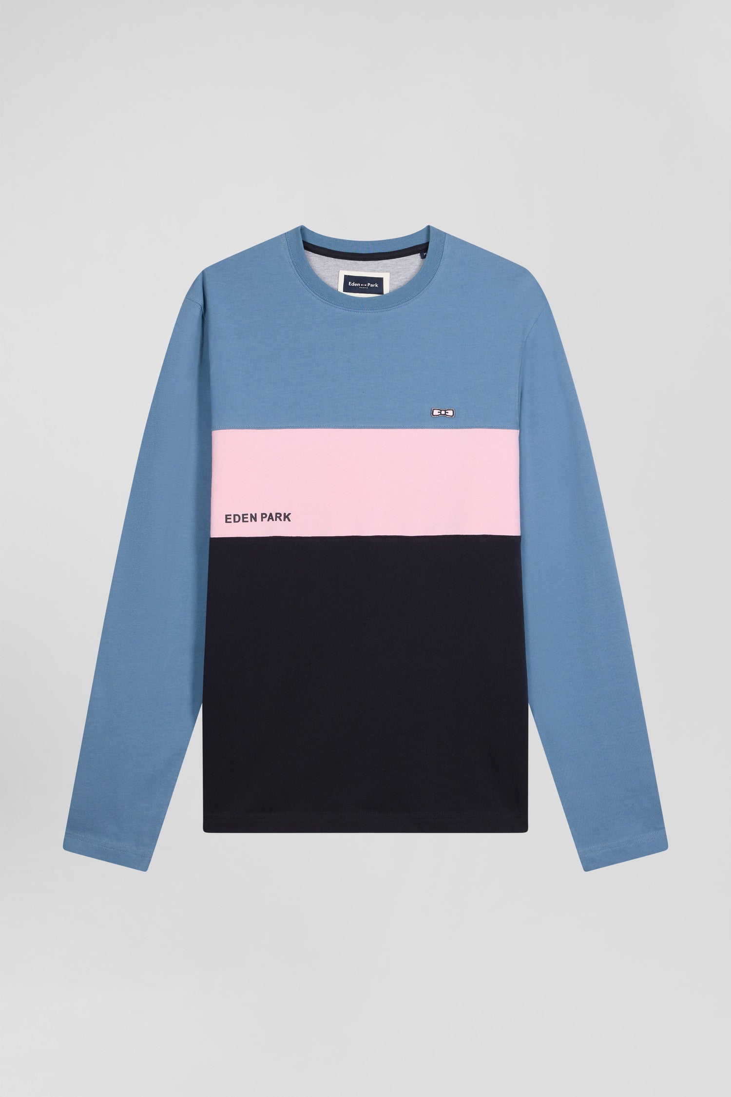 Regular blue colorblock long-sleeved cotton T-shirt