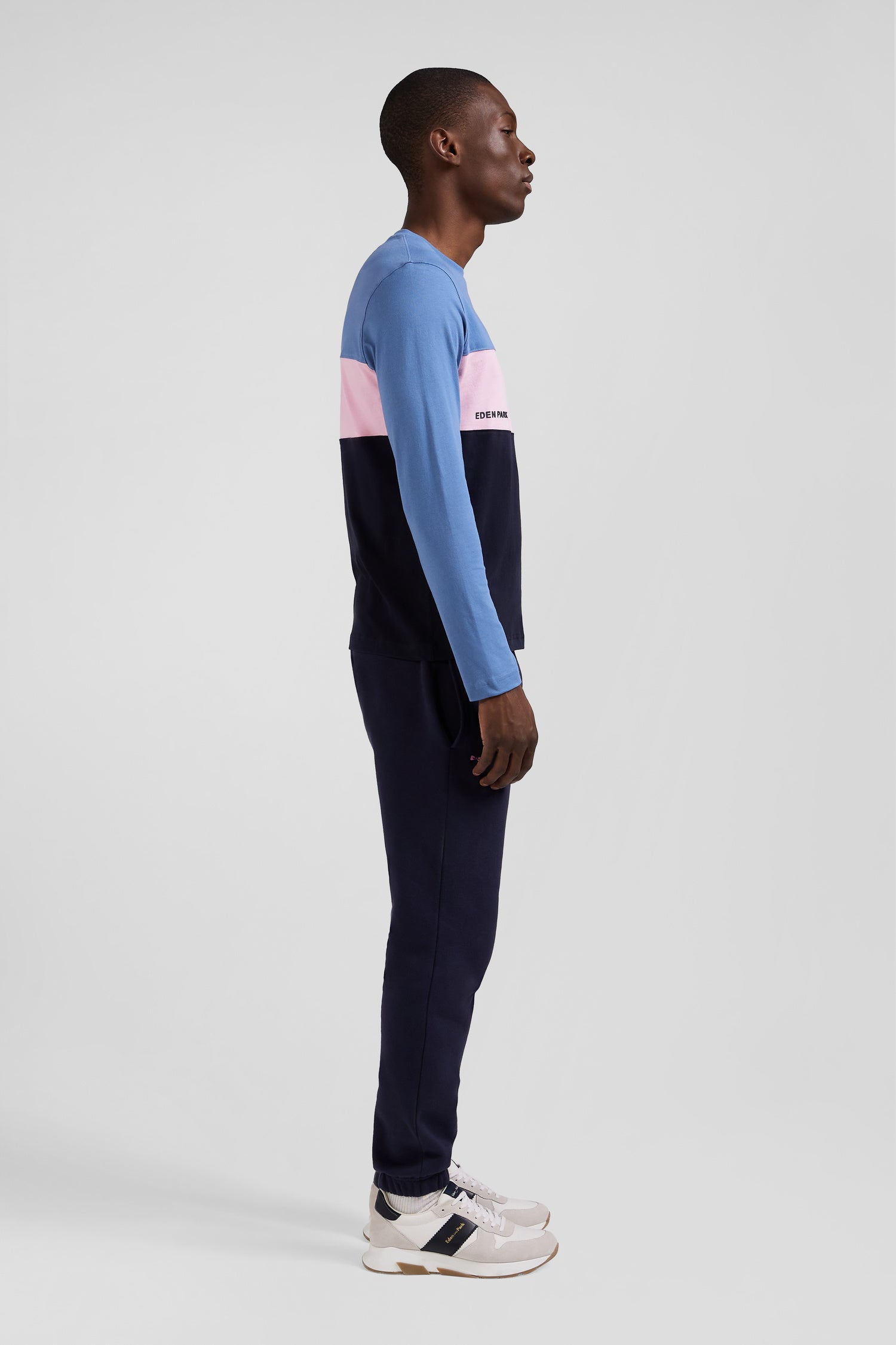 Regular blue colorblock long-sleeved cotton T-shirt