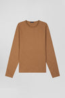 Slim-fit long-sleeved T-shirt in plain hazelnut cotton