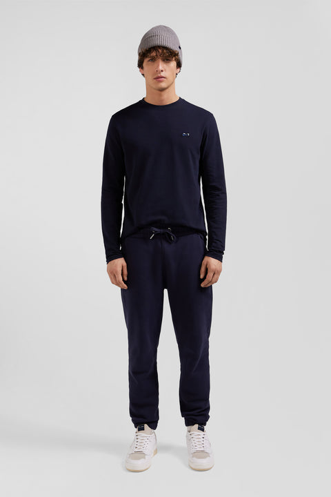 Regular navy long-sleeved cotton T-shirt with striped bow tie embroidery - Image 1