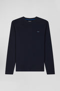 Regular navy long-sleeved cotton T-shirt with striped bow tie embroidery