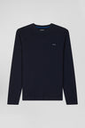 Regular navy long-sleeved cotton T-shirt with striped bow tie embroidery