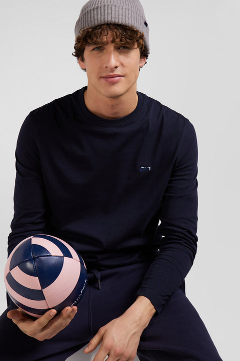 Regular navy long-sleeved cotton T-shirt with striped bow tie embroidery - Image 3