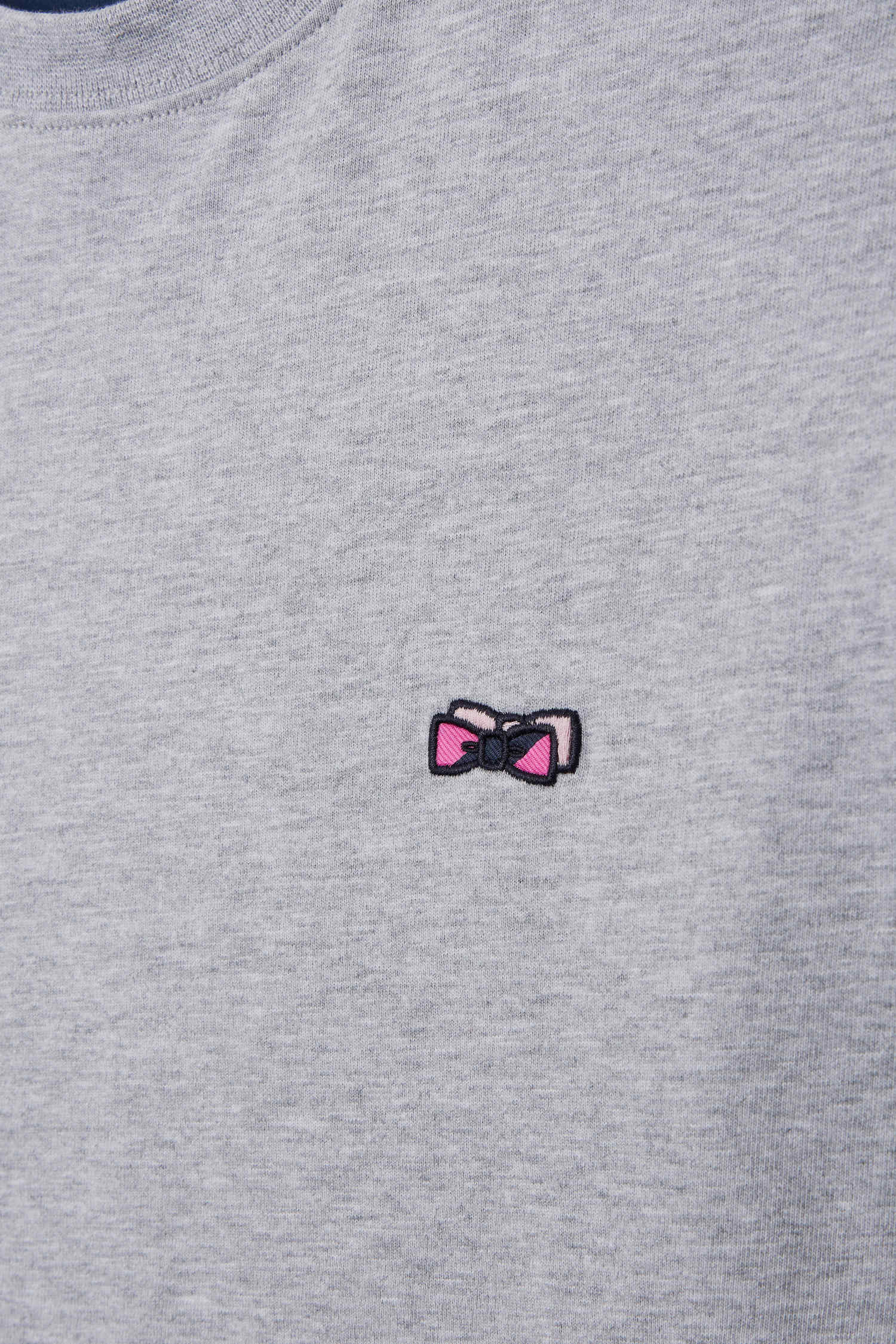 Regular grey long-sleeved cotton T-shirt with striped bow tie embroidery