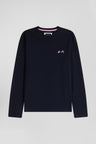 Regular navy blue embroidered long-sleeved cotton T-shirt