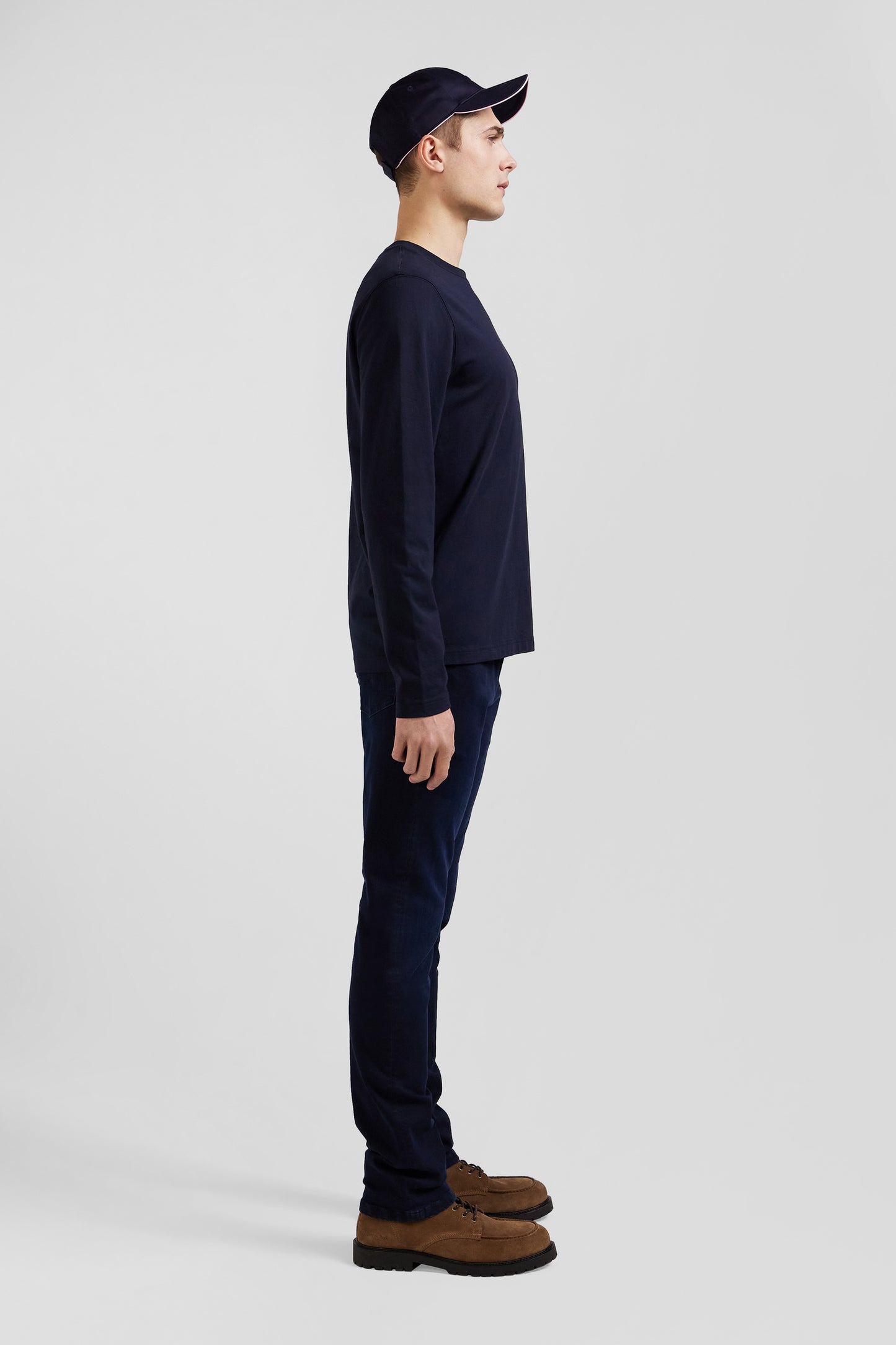 Regular navy blue embroidered long-sleeved cotton T-shirt