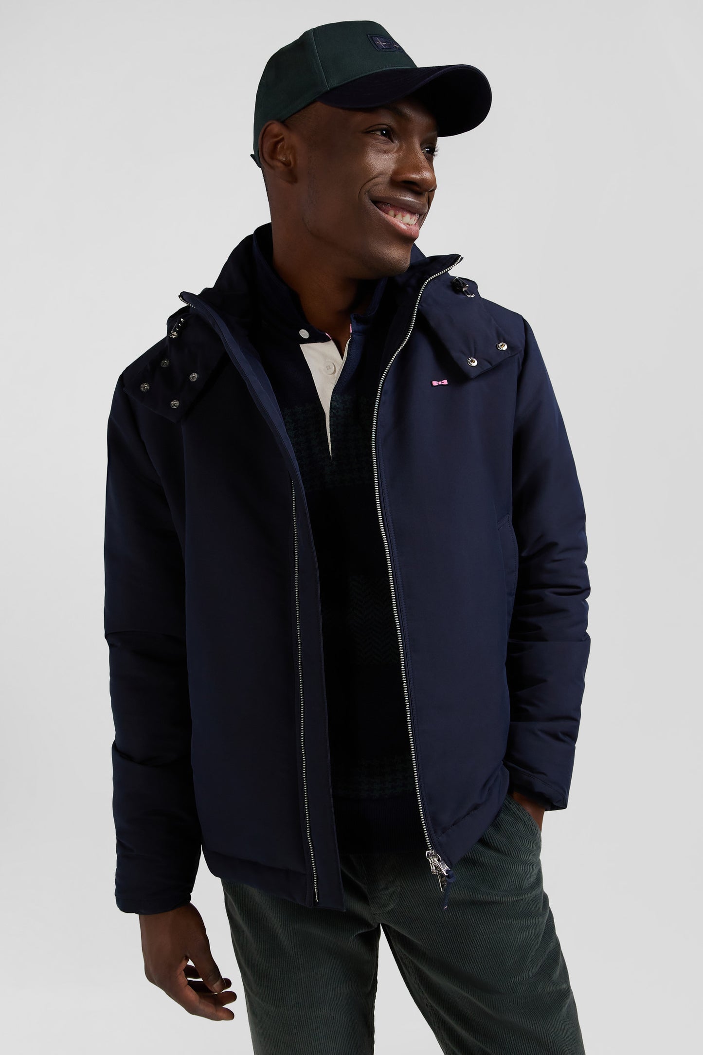 Navy blue hooded zip-up jacket