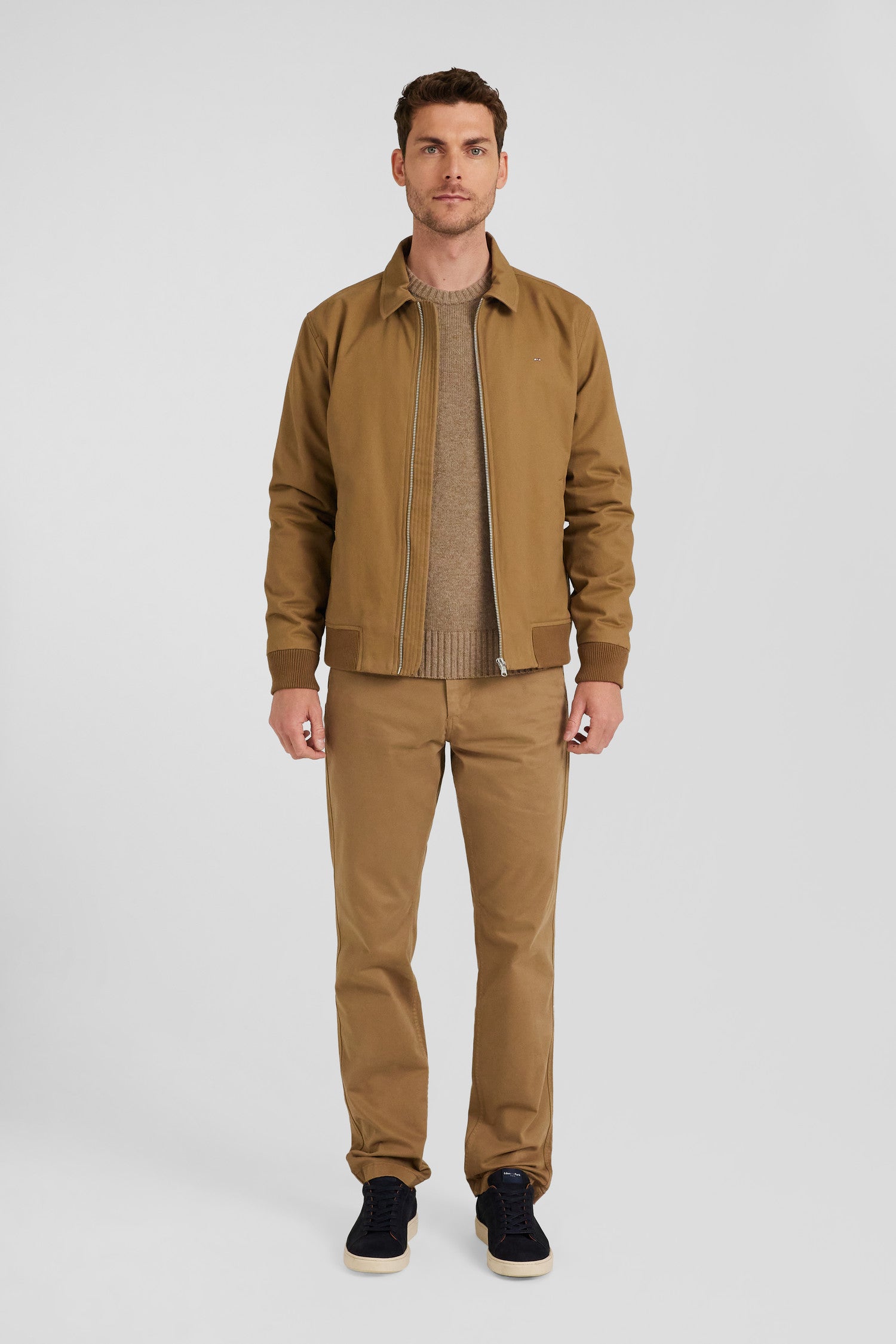 Camel gabardine cotton zip-up jacket with shirt collar